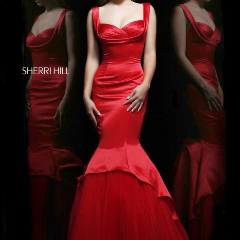 Sherri Hill Red Satin and Tulle Mermaid Gown